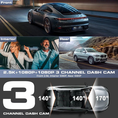 3 Channel Dash Cam Front and Rear, 4K/2.5K + 1080P Premium Car Camera for Cars with Wi-Fi GPS, Night Vision, 3.16" IPS Touchscreen, 24H Parking Mode, WDR, Type-C, 64GB SD Card Included