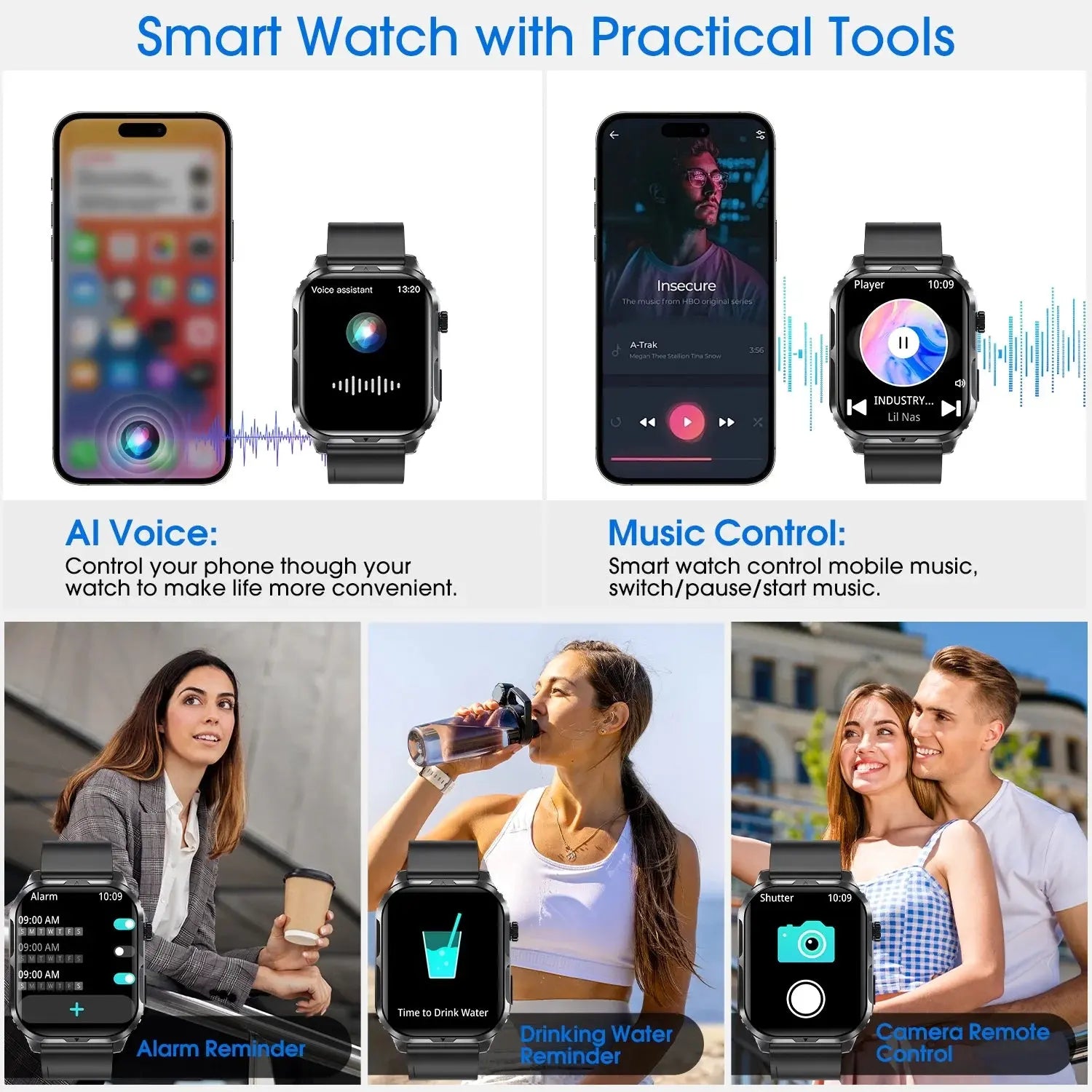 H5 Smart Watch with Bluetooth Call, IP68 Waterproof Fitness Tracker for Women and Men, Black