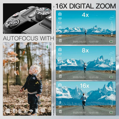Digital Camera for Photography,4K 64MP Video Camera with 16X Digital Zoom and 32GB SD Card Black