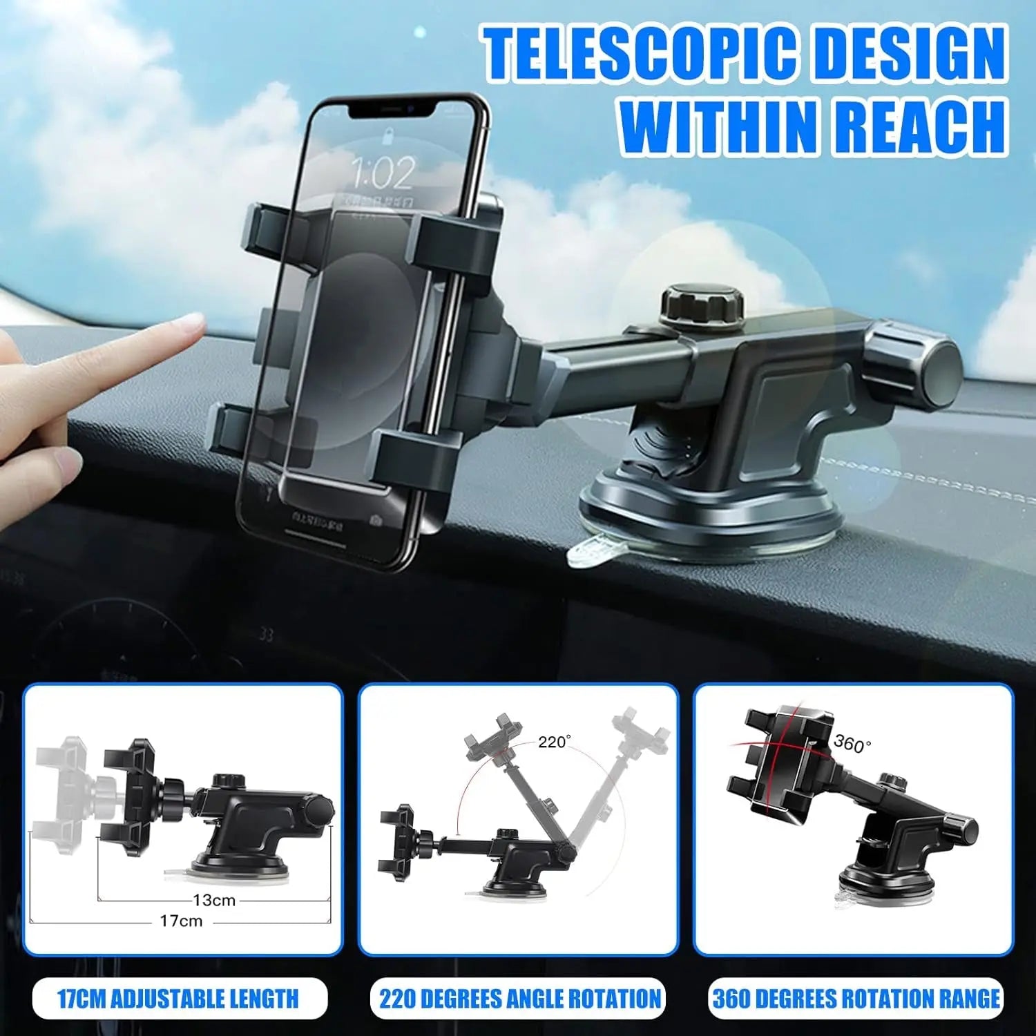 Mobile Phone Holder Car with Ventilation Opening Phone Clip, 3 in 1 Universal Mobile Phone Holder Silicone Protection 360 ° Rotatable Car Mobile Phone Holder Hands-Free Phone Holder for All Phones…