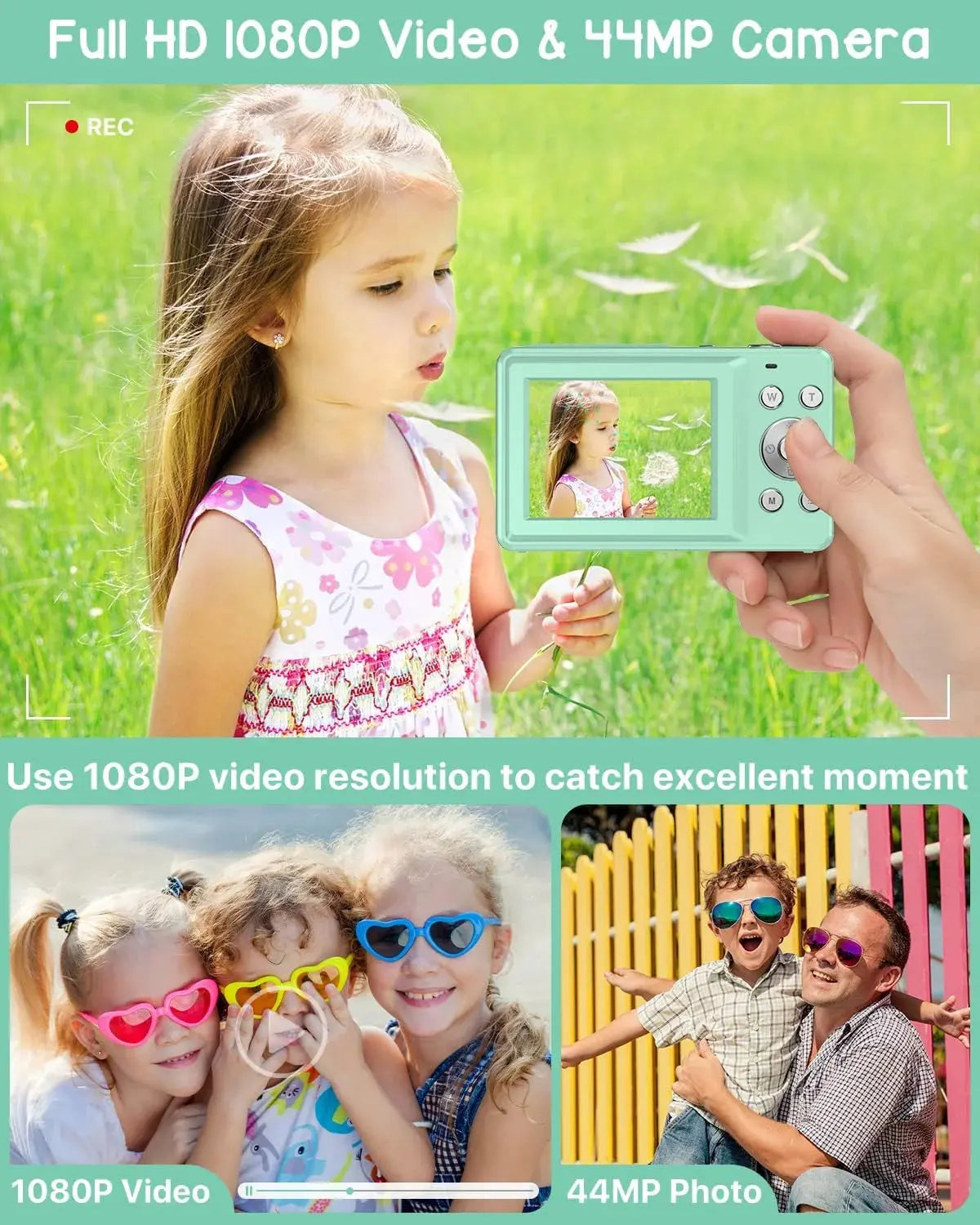 Digital Camera FHD1080P 44MP Portable Camera for Kids 2.4"LCD Screen Small Video Camera with 32G Card
